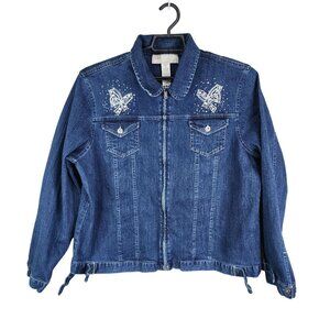 Womens Sag Harbor Sport Blue Denim Jacket Rhinestone Butterfly Full Zip Size 18